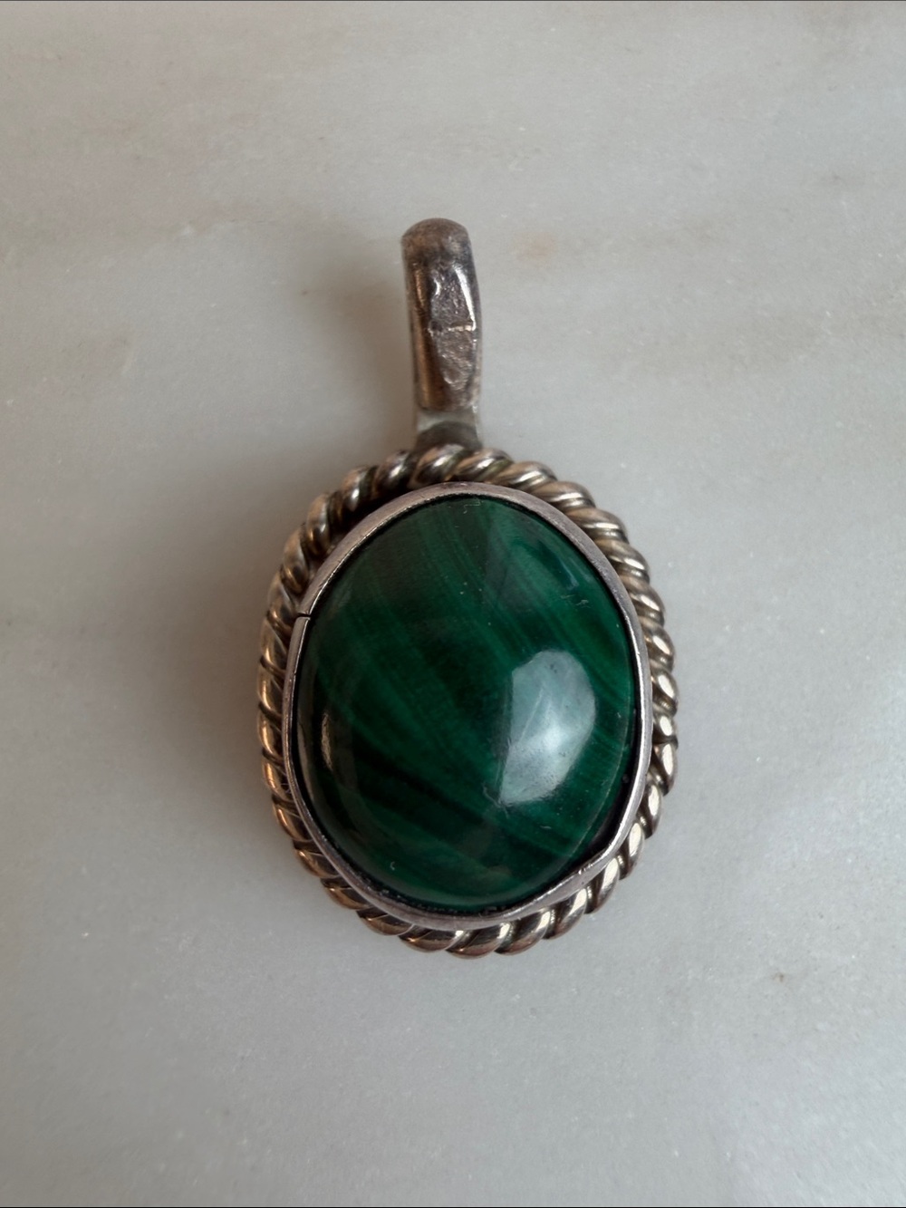 Vintage Signed CB Navajo Sterling Silver Green Malachite Oval Pendant